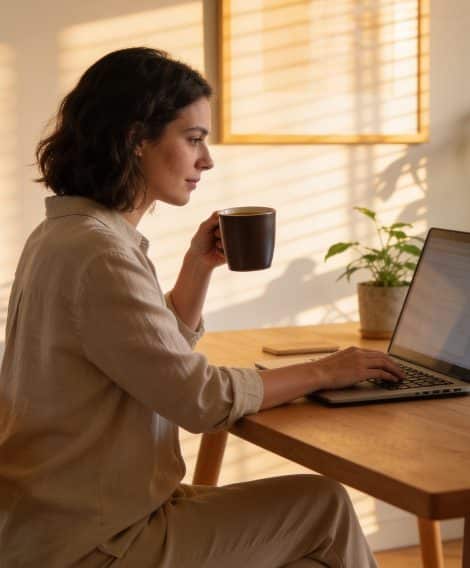 Person sitting at a wooden desk using a laptop while holding a coffee mug, with warm sunlight and window-blind shadows cast across the room. A small plant and notebook rest on the desk