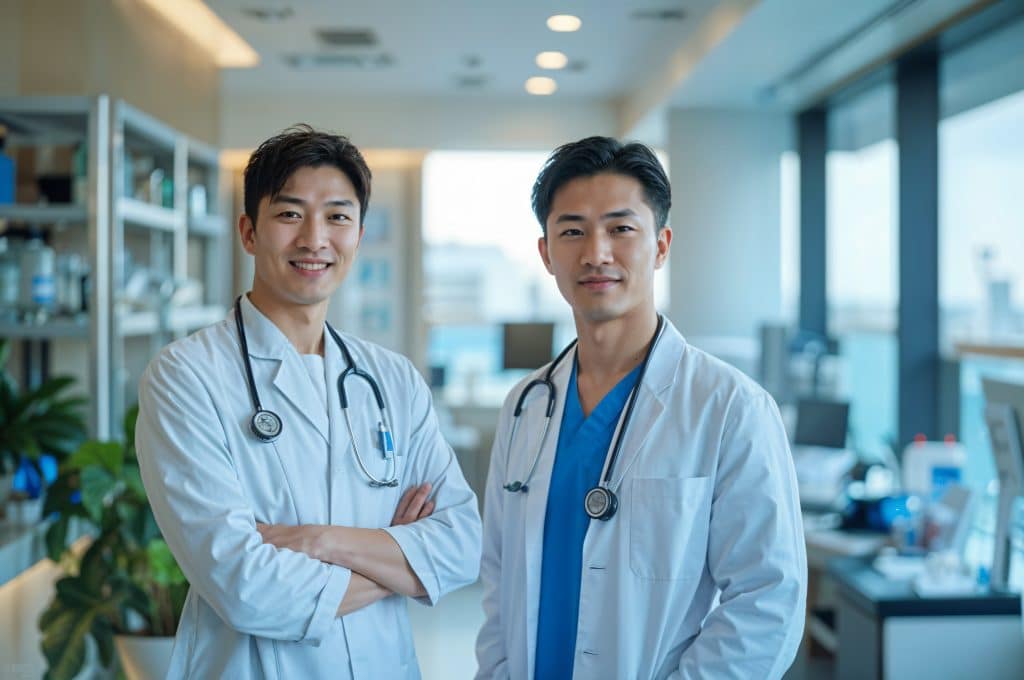 In this AI-generated photo are two young Asian doctors in a hospital. Both are smiling at the camera and one is confidently crossing his arms. Each of them is wearing a stethoscope around his neck.