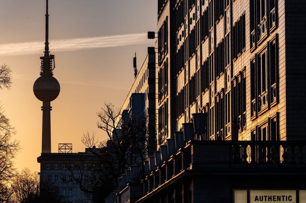 View of Alexanderplatz and the surrounding buildings at sunset on a winter's evening.